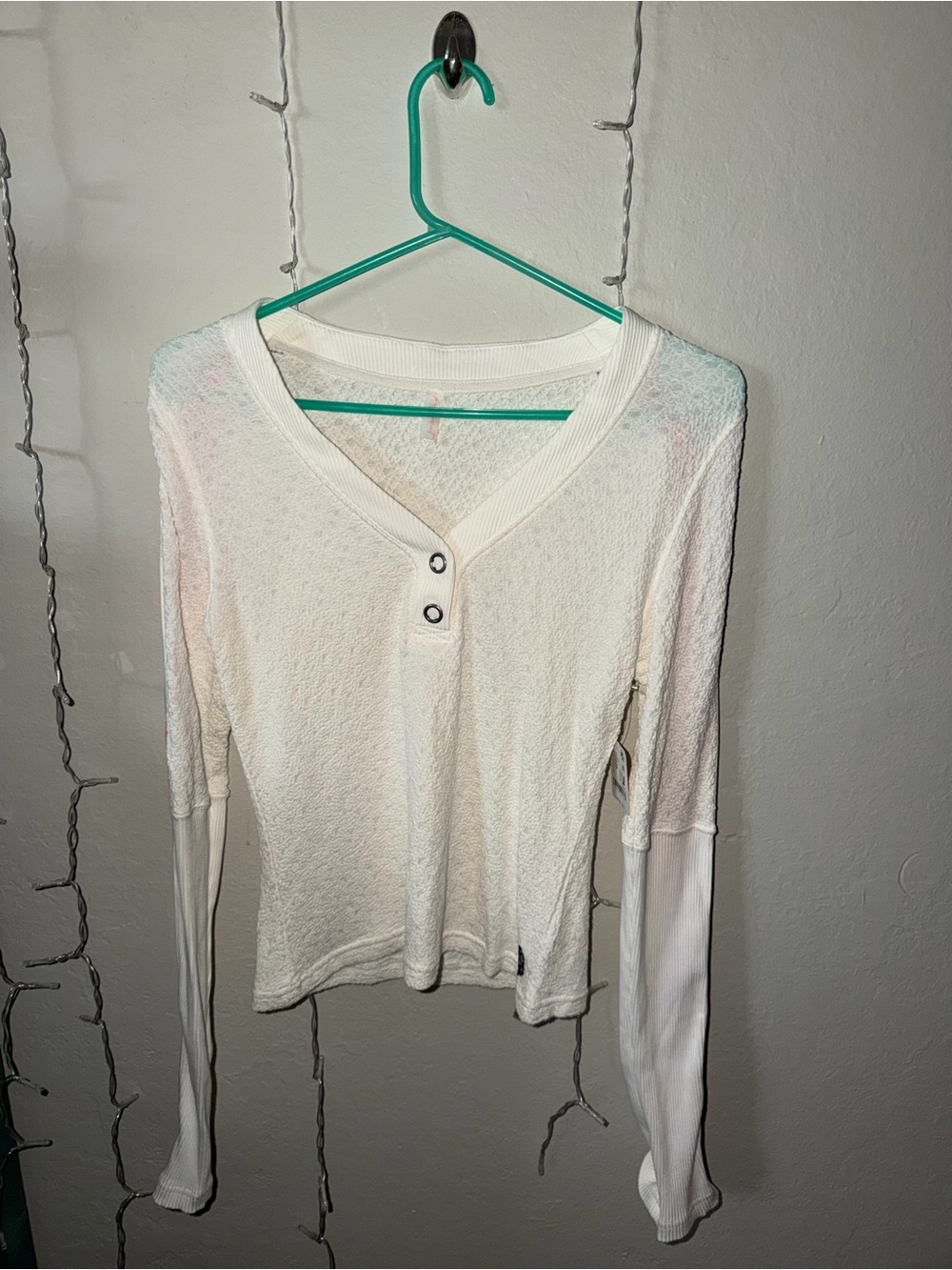 Free People Cream V-Neck Henley Long Sleeve Top